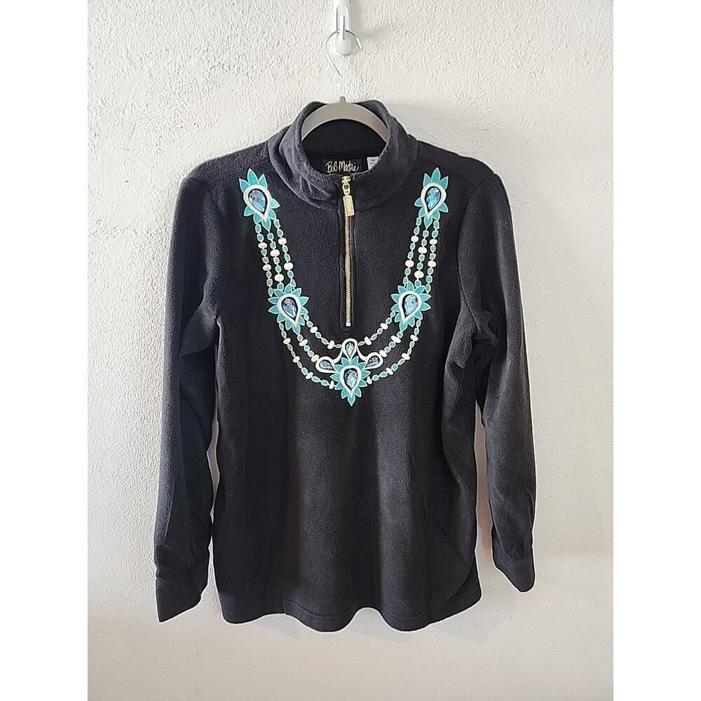 Bob Mackie Women's NWT Wearable Art Fleece 1/4 Zip Embroidered Pullover Med